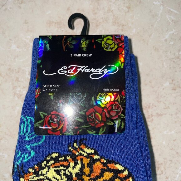 ADULT ED HARDY 5 PAIR BLACK BLUE & GREY CREW SOCKS NEW - Picture 2 of 5
